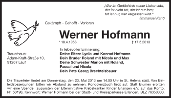 Traueranzeige von Werner Hofmann von Pegnitz-Zeitung